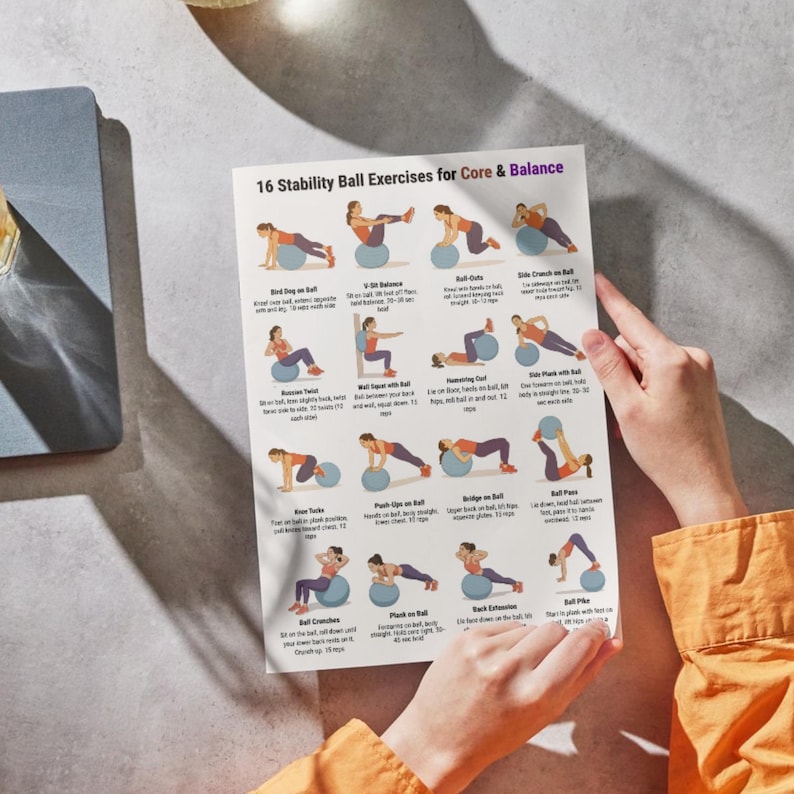 Op de afbeelding: Een wit bedrukt vel met de titel "16 Stabiliteitsbaloefeningen voor Core & Balance" wordt door een persoon vastgehouden. Het vel bevat ge&iuml;llustreerde oefeningen met instructies. De oefeningen omvatten Bird Dog, V-Sit Balance, Roll-Outs en Side Crunch.