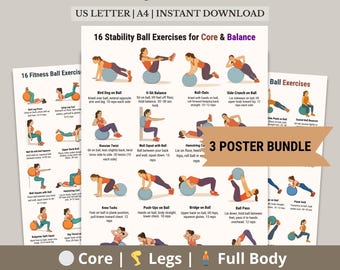 48 Stability Ball Exercises Bundle, Core Balance Full Body Legs Glutes Workout Posters, Fitness Ball Charts, Printable PDF A4 US Letter
