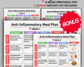 Lista imprimible de alimentos antiinflamatorios, tabla de compras antiinflamatoria, plan de comidas antiinflamatorias en PDF + lista de compras, alimentos beneficiosos para el intestino