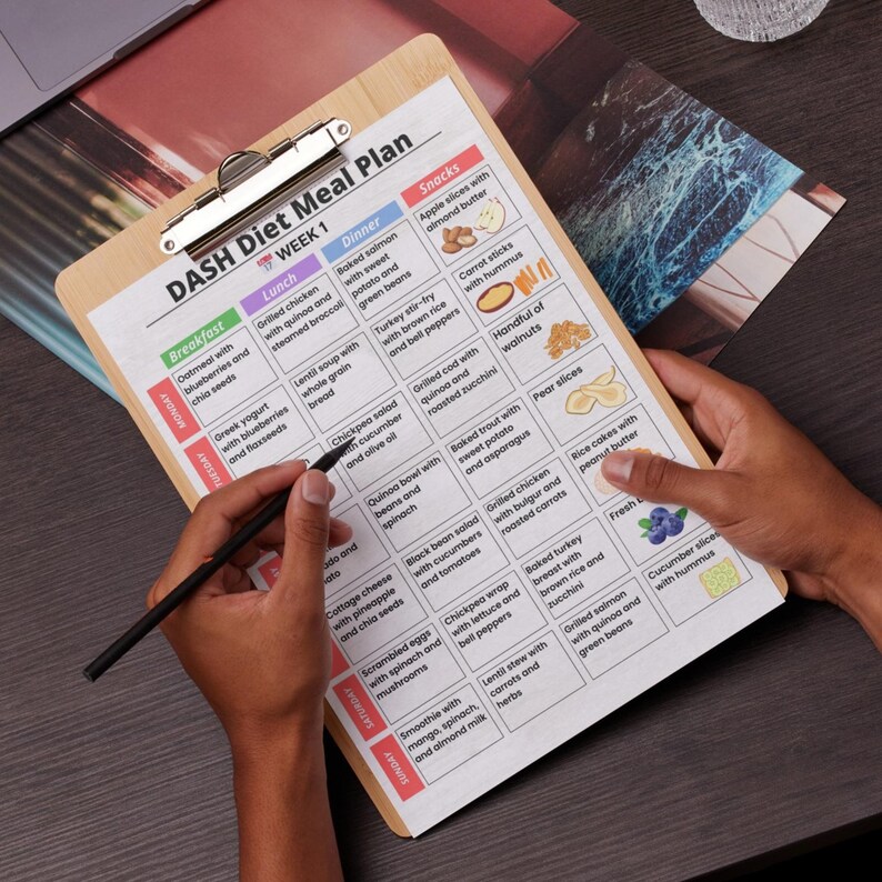 DASH Diet 28 Day Meal Plan PDF with 4 weeks of daily menus and bonus grocery shopping list printable for low sodium meal planning