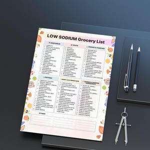 Low sodium grocery list printable PDF showing 6 categories with 20 foods each for meal planning and shopping, instant digital download.