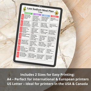Low sodium 7 day meal plan printable PDF showing breakfast lunch snack and dinner for each day, suitable for low salt diets and instant download.