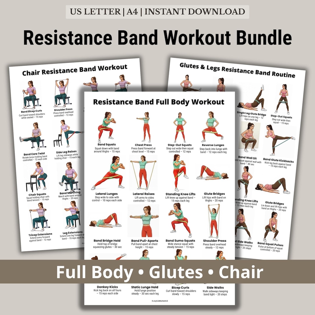 Resistance Band Workout Bundle Printable PDF, Full Body, Glutes and ...