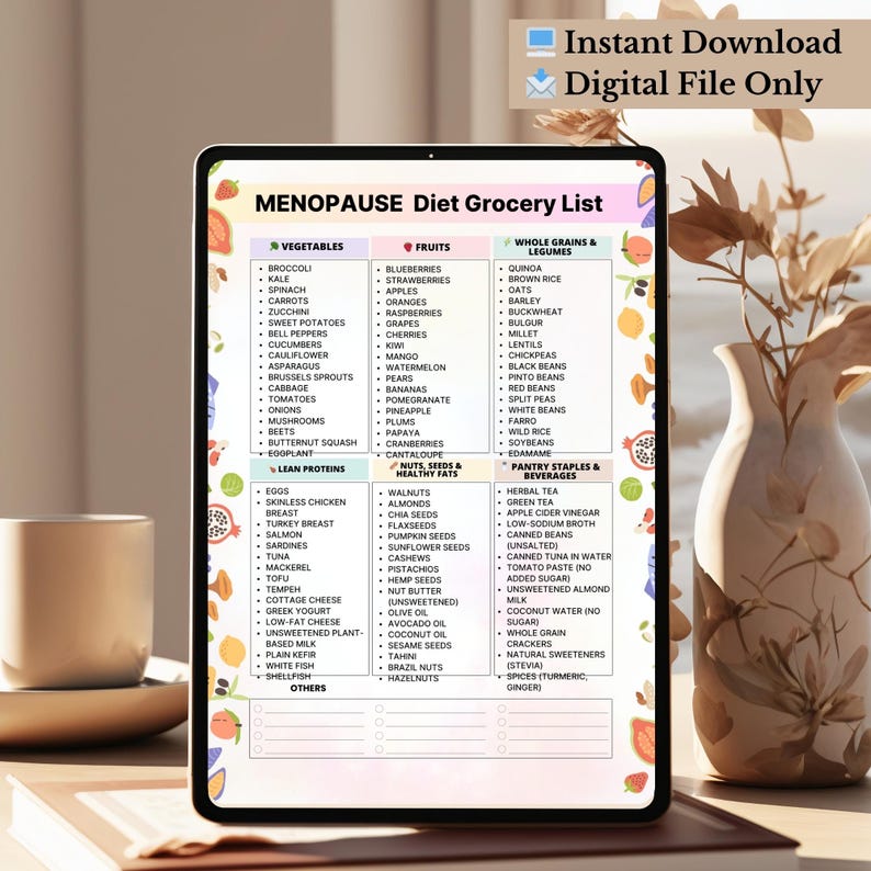 Menopause diet grocery list printable · low estrogen foods for women over 40 · categorized grocery chart PDF · instant download