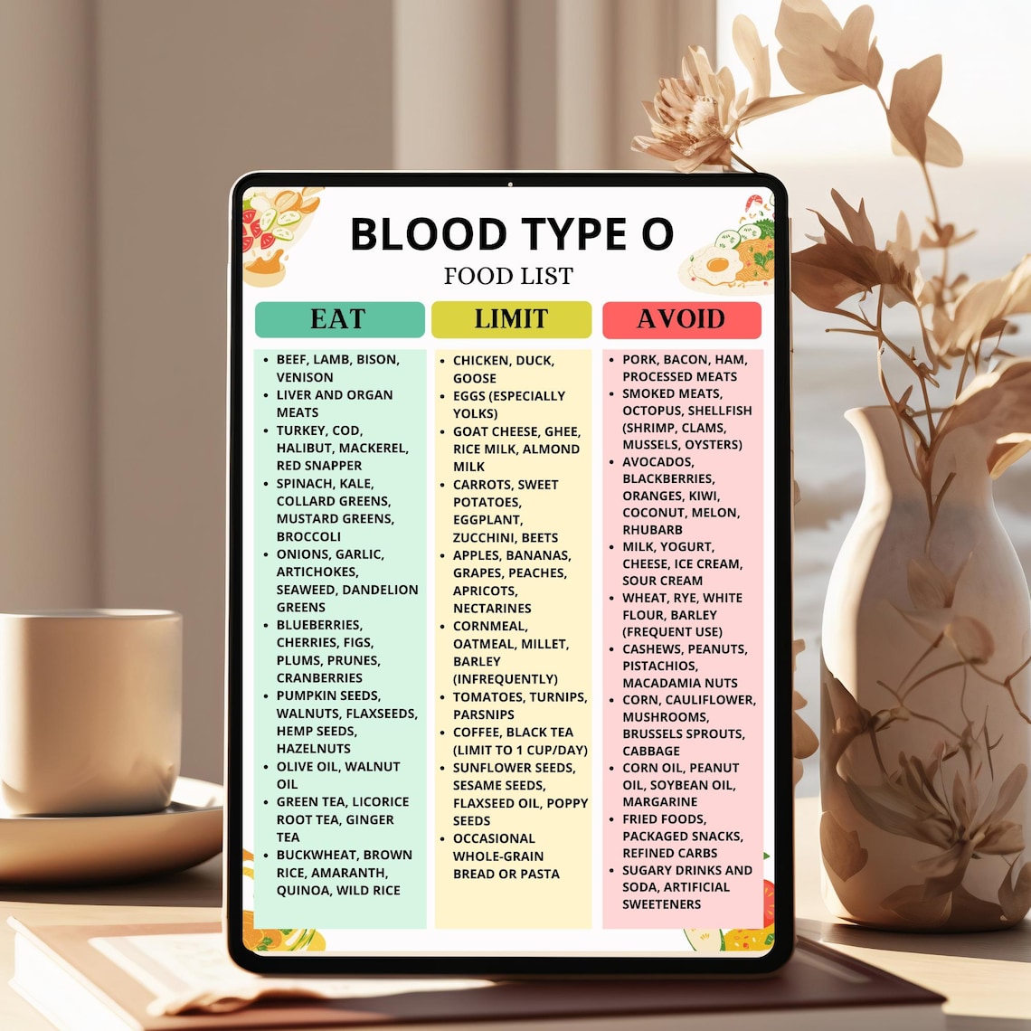 Blood Type O Food Chart Printable, Blood Type O Grocery List, Blood