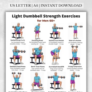 May include: A printable exercise guide titled "Light Dumbbell Strength Exercises for Men 60+". The guide features illustrations of various dumbbell exercises, including seated bicep curls, standing rows, and tricep extensions. The text "US LETTER | A4 | INSTANT DOWNLOAD" is at the top.