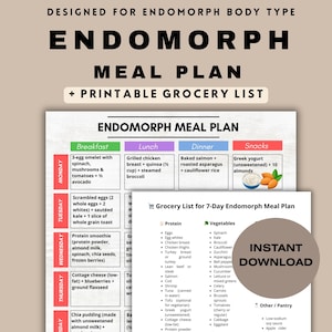 May include: A printable meal plan and grocery list designed for the endomorph body type. The meal plan includes breakfast, lunch, dinner, and snack options for a 7-day period. The grocery list includes protein, vegetable, and pantry items.