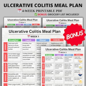 Ulcerative Colitis Meal Plan 4 Weeks + Grocery List, Ulcerative Colitis Diet PDF, IBD Crohn’s Foods List, Digital Meal Planner