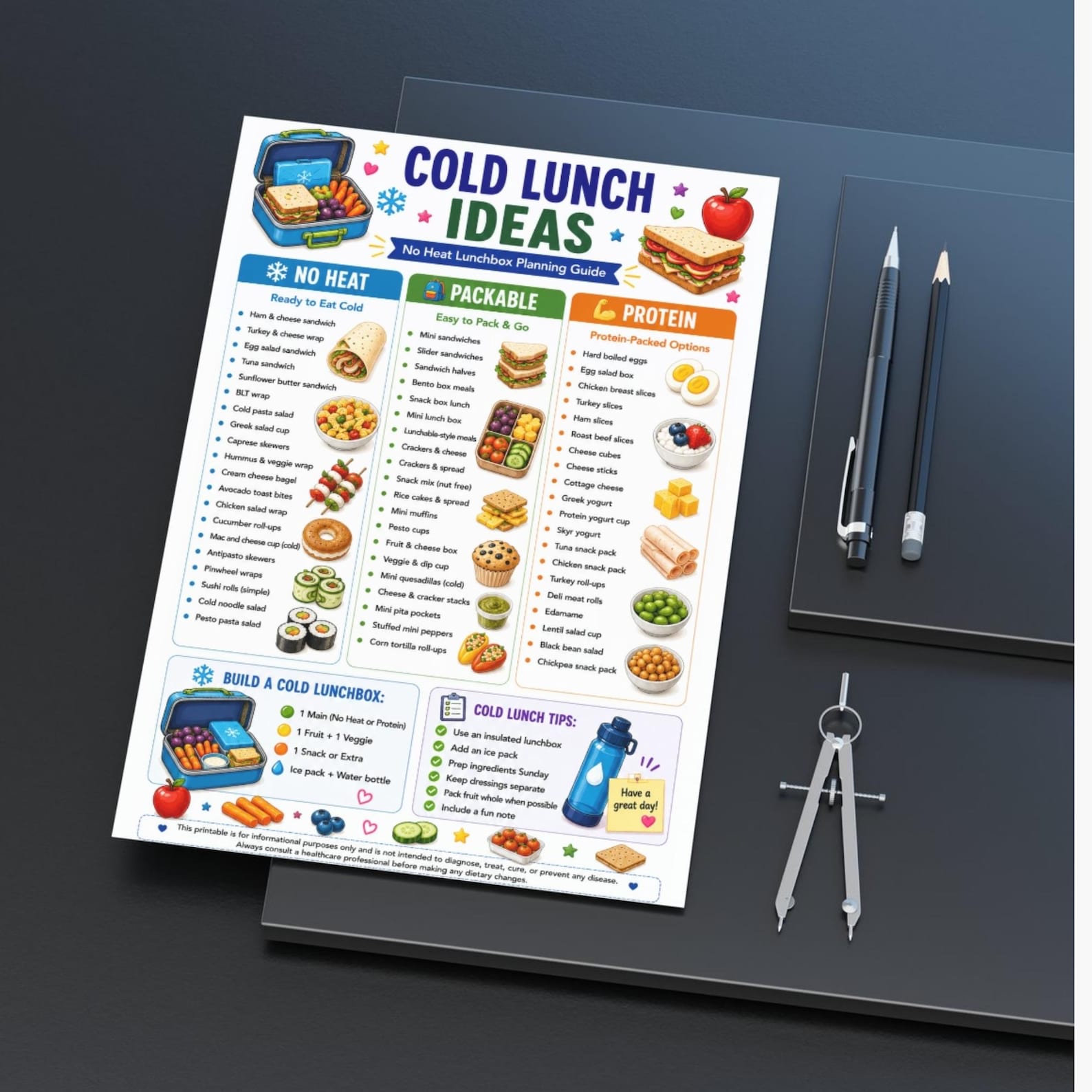 Cold Lunch Ideas Printable, No Heat Lunchbox Planning Guide PDF, Cold ...