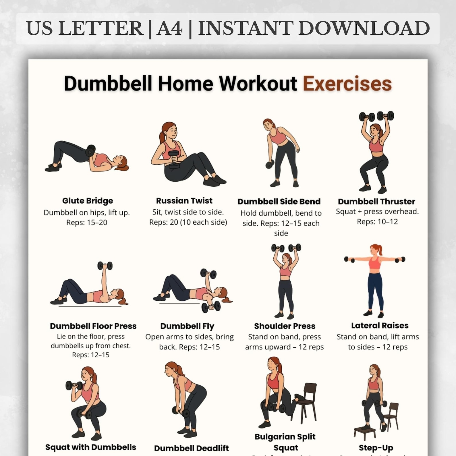 Dumbbell Home Workout Exercises Printable | Full Body Strength Training ...