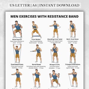Può includere: Una guida di allenamento stampabile intitolata "MEN EXERCISES WITH RESISTANCE BAND". La guida presenta illustrazioni di esercizi come squat, front walks e core twists, ciascuno dimostrato con una fascia di resistenza. La guida include il testo "US LETTER | A4 | INSTANT DOWNLOAD."