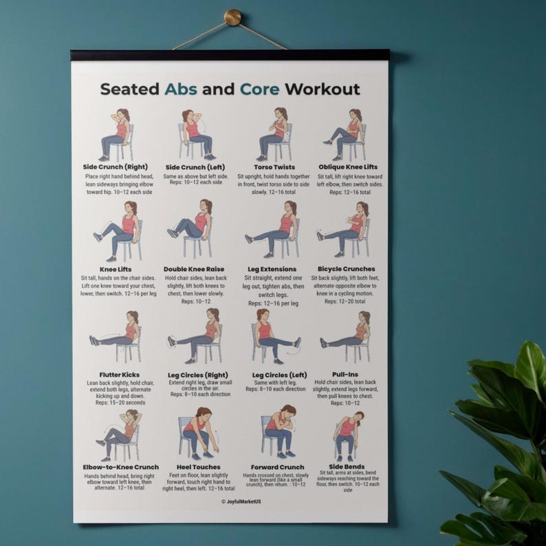 Seated Abs and Core Workout | Chair Exercise Printable | Easy Home Fitness Chart
