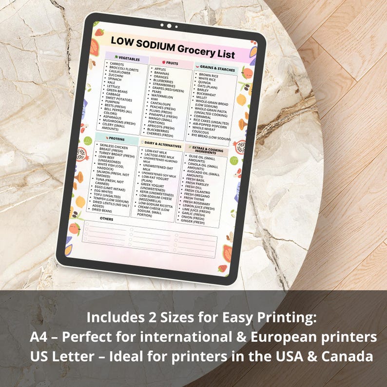 Low sodium grocery list printable PDF showing 6 categories with 20 foods each for meal planning and shopping, instant digital download.