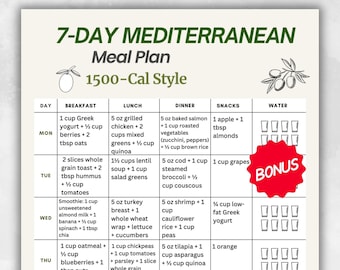 Mediterranean Meal Plan 1500 Cal, 7 Day Mediterranean Diet Plan PDF, Weekly Meal Plan Printable, Mediterranean Menu, Grocery List Included