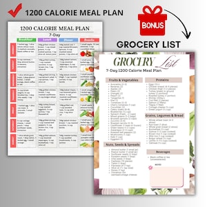 "1200 Calorie Meal Plan PDF – 7-day printable meal schedule including breakfast, lunch, dinner, and snack. Designed for daily structure and portion control. Includes a bonus grocery list with all ingredients organized by food category. Ideal for meal prep, calorie tracking, and weekly menu planning. Comes in A4 and US Letter formats. Perfect for those following a 1200 calorie per day routine.