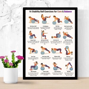 Printable fitness poster showing 16 stability ball exercises for core and balance training, illustrated step-by-step workout chart using an exercise ball, designed as a clean A4 and US Letter PDF for home workouts and gym wall reference.