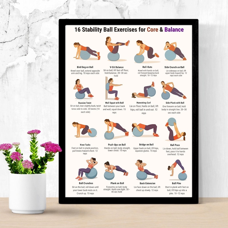 Printable fitness poster showing 16 stability ball exercises for core and balance training, illustrated step-by-step workout chart using an exercise ball, designed as a clean A4 and US Letter PDF for home workouts and gym wall reference.