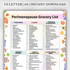 Perimenopause Grocery List Printable | Premenopause Diet Shopping List | Menopause Food List | Low Estrogen Diet Foods PDF