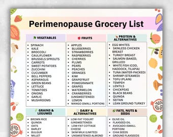 Lista de la compra para la perimenopausia, lista imprimible de la compra para la premenopausia, lista de alimentos para la menopausia, descarga de PDF de alimentos para la dieta baja en estrógenos