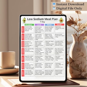 Low sodium 7 day meal plan printable PDF showing breakfast lunch snack and dinner for each day, suitable for low salt diets and instant download.