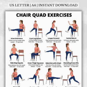 Könnte beinhalten: Eine druckbare Übungstabelle mit dem Titel "CHAIR QUAD EXERCISES" mit Anweisungen für verschiedene Beinübungen. Die Tabelle enthält Illustrationen jeder Übung, wie Kniebeugen und Ausfallschritte, mit Wiederholungszählungen.