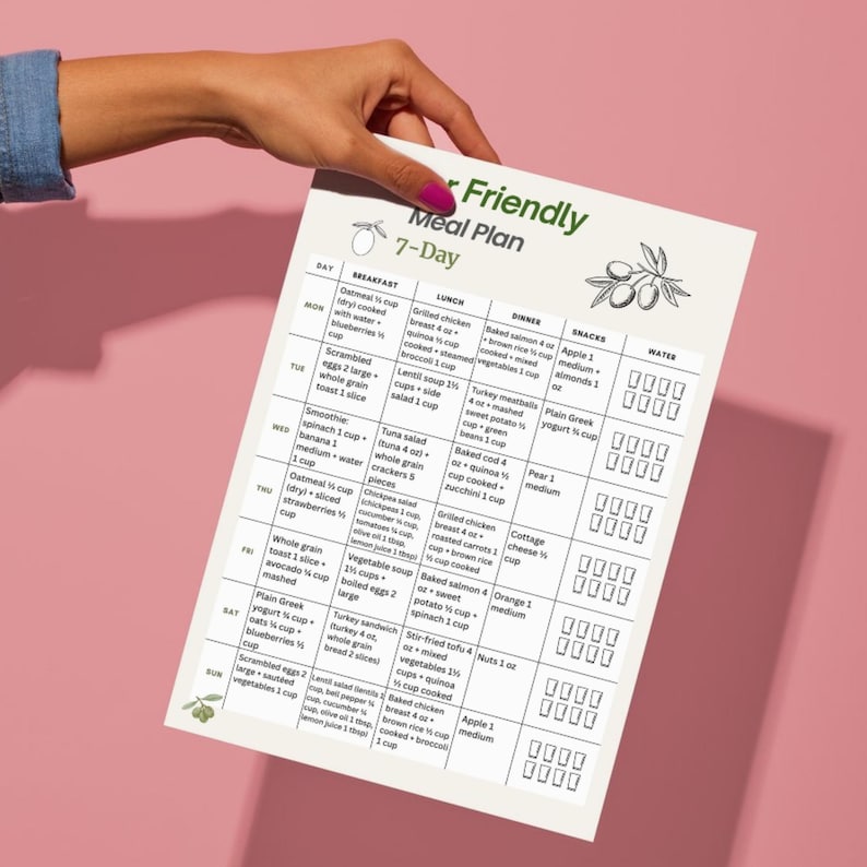 Puede incluir: Una mano sostiene un plan de comidas de 7 d&iacute;as titulado "Fiber Friendly". El plan incluye opciones para el desayuno, el almuerzo, la cena y los refrigerios, con seguimiento de la ingesta de agua. El plan presenta una ilustraci&oacute;n de rama de olivo verde.