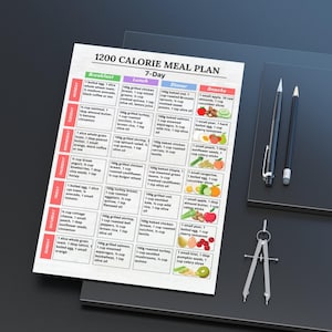 "1200 Calorie Meal Plan PDF – 7-day printable meal schedule including breakfast, lunch, dinner, and snack. Designed for daily structure and portion control. Includes a bonus grocery list with all ingredients organized by food category. Ideal for meal prep, calorie tracking, and weekly menu planning. Comes in A4 and US Letter formats. Perfect for those following a 1200 calorie per day routine.