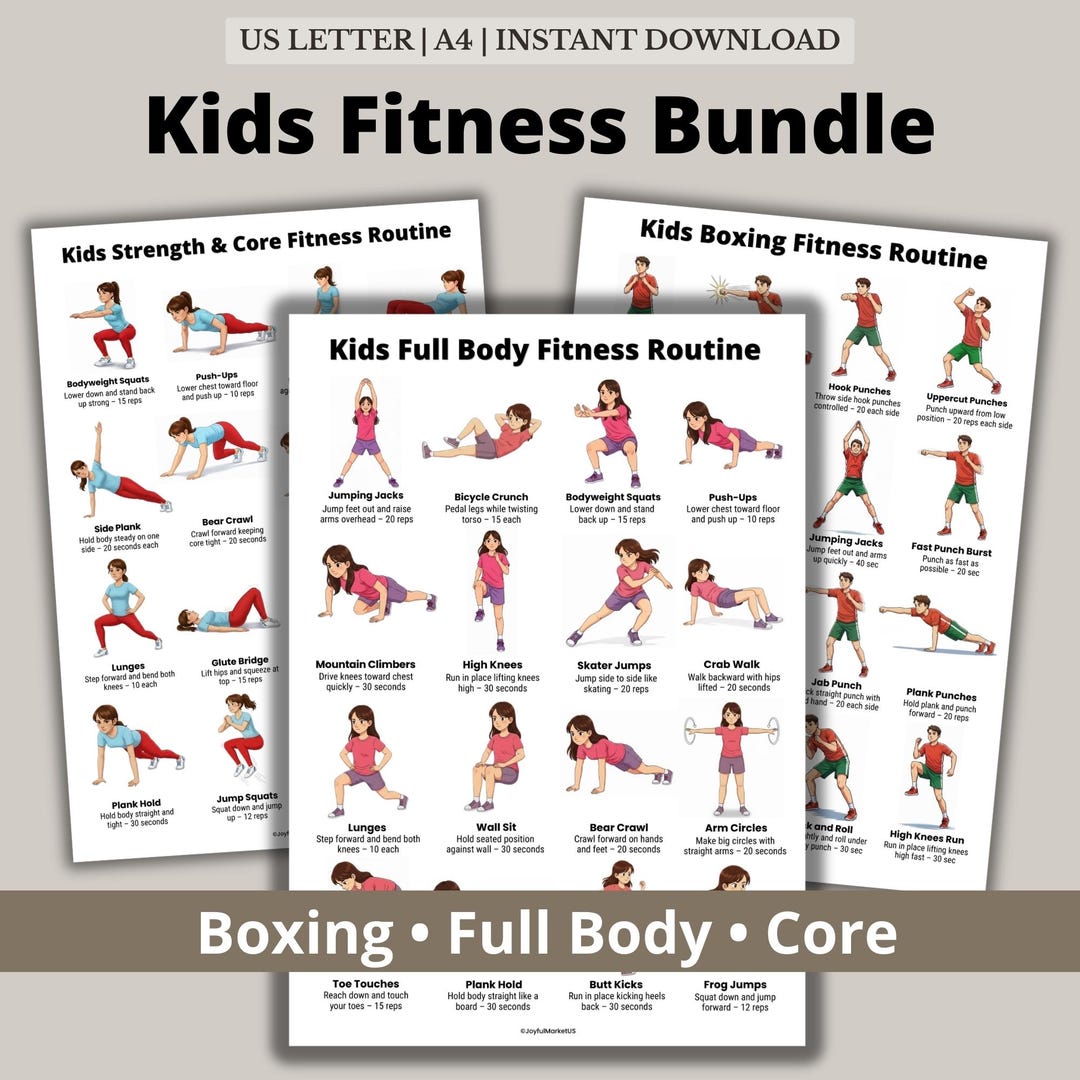 Kids Workout Bundle Printable PDF, Boxing, Full Body and Core Fitness ...