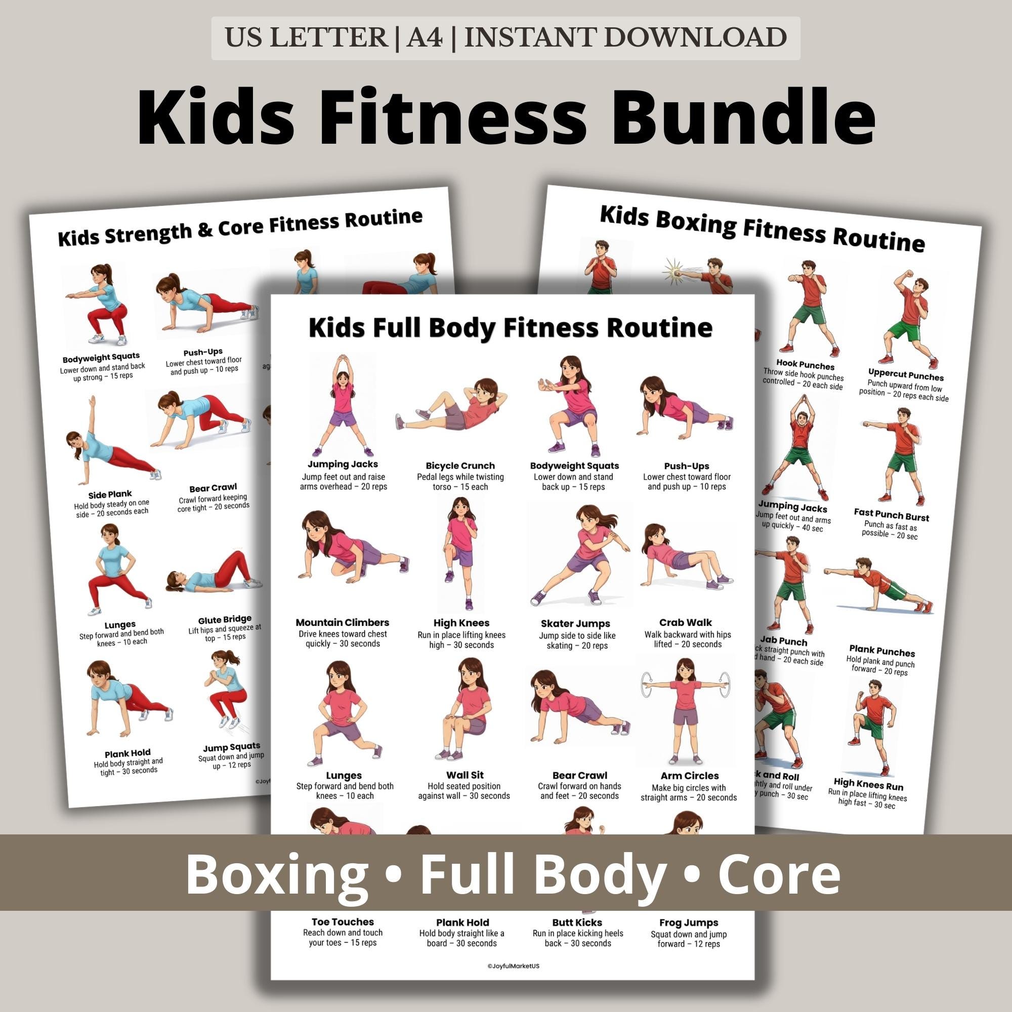 Kids Workout Bundle Printable PDF, Boxing, Full Body and Core Fitness ...