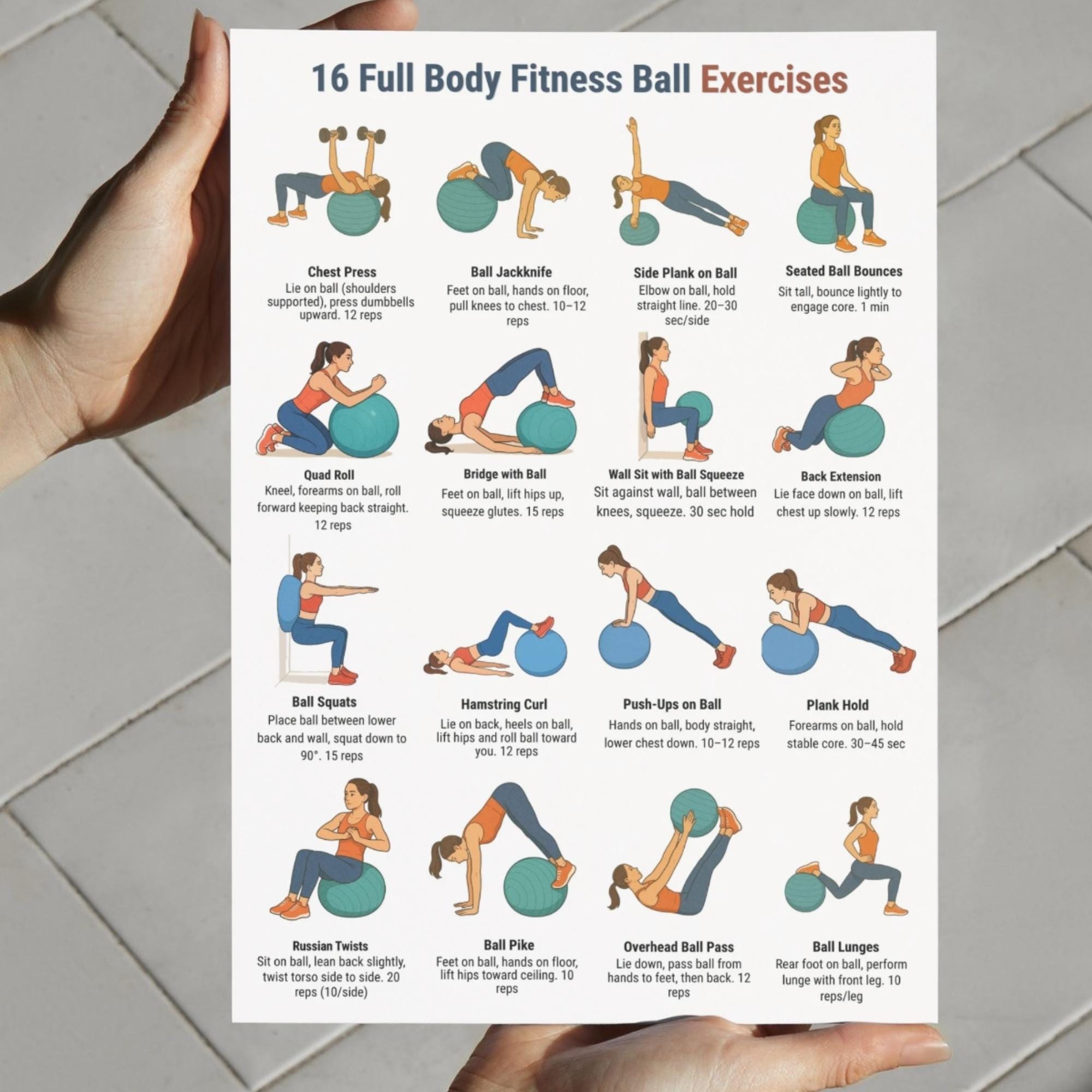 16 Full Body Fitness Ball Exercises Workout Poster, Stability Ball ...