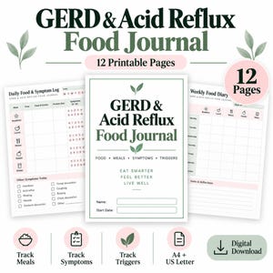 GERD Food Journal Printable Acid Reflux Symptom Tracker and Trigger Log