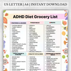 ADHD Diet Grocery List Printable PDF, ADHD-Friendly Food List for Shopping and Meal Prep, Digital Download for Organized Eating