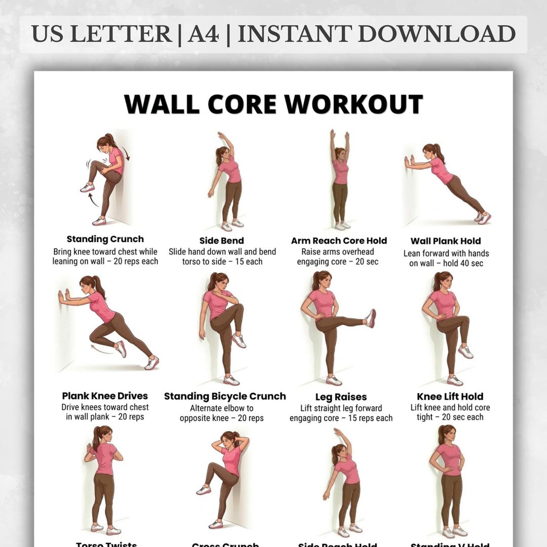 Wall Core Workout Printable PDF, Standing Core Exercises Using Wall ...
