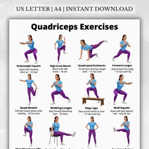 May include: A fitness guide with illustrations of quadriceps exercises. The guide includes exercises like bodyweight squats, high knee march, quadruped kickbacks, forward lunges, quad stretch, walking lunges, step-ups, and wall squats. Text at the top says "US LETTER | A4 | INSTANT DOWNLOAD".