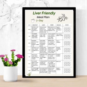 Liver Friendly 7 Day Meal Plan Printable PDF showing a weekly meal plan layout with breakfast, lunch, dinner and snack for each day. Digital food planning document using US measurements, designed as a clean, easy to read printable page. Includes A4 and US Letter formats. Digital download file, no physical item included.