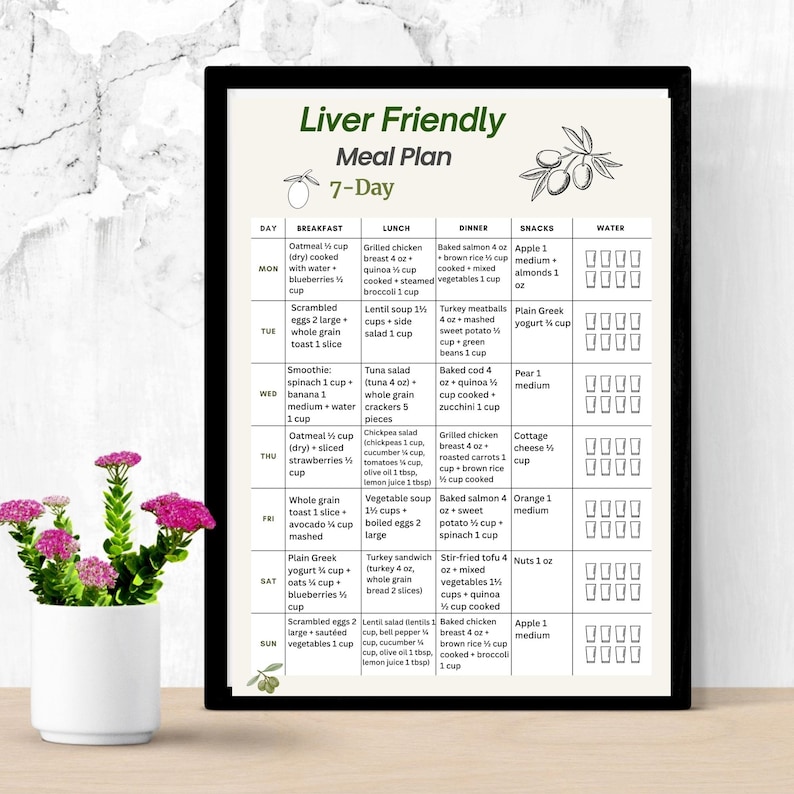 Liver Friendly 7 Day Meal Plan Printable PDF showing a weekly meal plan layout with breakfast, lunch, dinner and snack for each day. Digital food planning document using US measurements, designed as a clean, easy to read printable page. Includes A4 and US Letter formats. Digital download file, no physical item included.
