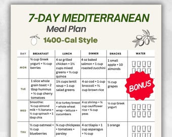 Mediterranean Diet Meal Plan 1400 Cal, 7 Day Mediterranean Meal Plan PDF, Weekly Menu Printable,Mediterranean Style Planner,Digital Download