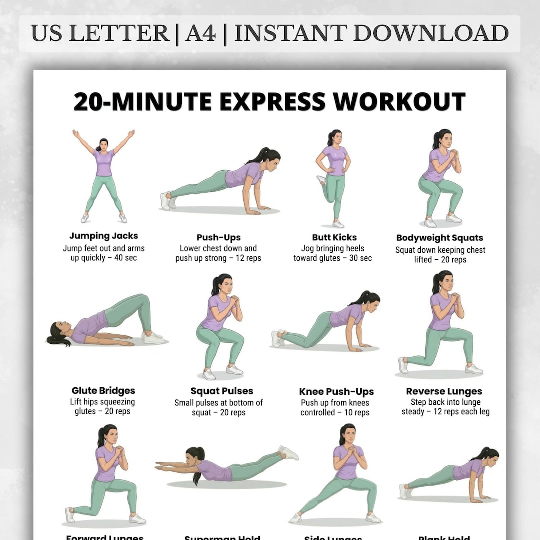 20 Minute Workout Printable PDF, Quick Full Body Workout Routine ...