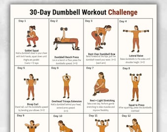 Dumbbell Workout Printable | Full Body Dumbbell Exercises Chart | Home Strength Training PDF A4 US Dumbbell Fitness Exercises Chart Full Fit