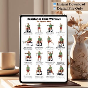 May include: A digital file showing a "Resistance Band Workout for Senior Men." The guide illustrates exercises such as bicep curls, shoulder raises, and knee extensions. The text "Instant Download Digital File Only" is in the upper right corner.