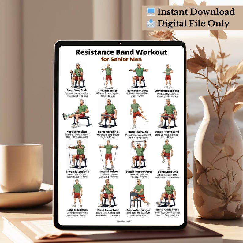 May include: A digital file showing a "Resistance Band Workout for Senior Men." The guide illustrates exercises such as bicep curls, shoulder raises, and knee extensions. The text "Instant Download Digital File Only" is in the upper right corner.