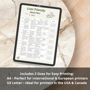 Liver Friendly 7 Day Meal Plan Printable PDF showing a weekly meal plan layout with breakfast, lunch, dinner and snack for each day. Digital food planning document using US measurements, designed as a clean, easy to read printable page. Includes A4 and US Letter formats. Digital download file, no physical item included.
