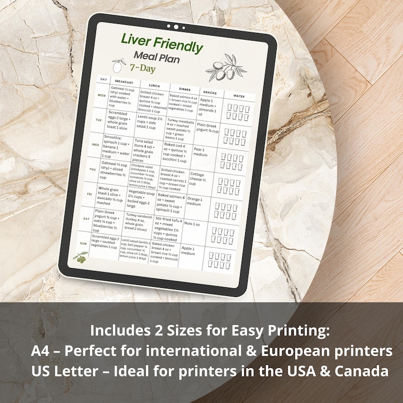 Liver Friendly 7 Day Meal Plan Printable PDF showing a weekly meal plan layout with breakfast, lunch, dinner and snack for each day. Digital food planning document using US measurements, designed as a clean, easy to read printable page. Includes A4 and US Letter formats. Digital download file, no physical item included.