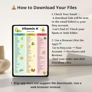Printable Vitamin K food list showing foods organized into three columns: lower vitamin K foods, moderate vitamin K foods, and higher vitamin K foods. Clean three-column comparison chart designed for quick food reference, kitchen organization, and visual comparison of vitamin K food sources, including vitamin K1 and K2. Suitable for digital use or printing.