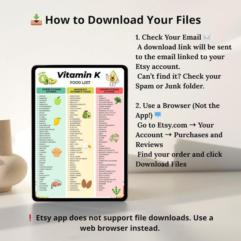 Printable Vitamin K food list showing foods organized into three columns: lower vitamin K foods, moderate vitamin K foods, and higher vitamin K foods. Clean three-column comparison chart designed for quick food reference, kitchen organization, and visual comparison of vitamin K food sources, including vitamin K1 and K2. Suitable for digital use or printing.