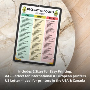 Printable Ulcerative Colitis Food List featuring a selection of low residue, low fiber, and low fat foods. Organized into clear categories to help with grocery shopping and meal planning. Designed as an easy-to-read A4 PDF format. Digital download for personal use only.