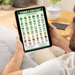May include: A black tablet displaying a "Vitamin K Food Chart" with various green vegetables, fruits, and other food items. The chart is held by a person, with the text in green and white against a black background.
