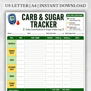 May include: A printable carb and sugar tracker with the text "CARB & SUGAR TRACKER" and "Daily Carbohydrate & Sugar Intake Log". Includes sections for meal, time, food/drink, portion, carbs, sugar, and notes. Features a blood glucose monitor icon.