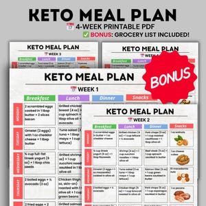 Keto Meal Plan 4 Weeks with Grocery List | Printable Low Carb 28 Day Ketogenic Diet Planner PDF (US Letter & A4)