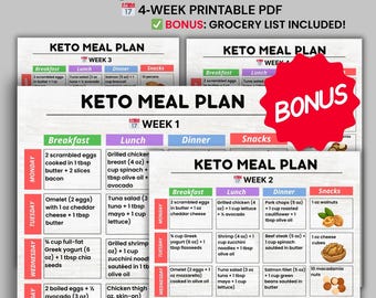 Keto Meal Plan 4 Weeks with Grocery List PDF, Low Carb Printable Meal Planner PDF 28 Day Ketogenic Diet, Keto & Diabetic-Friendly Foods